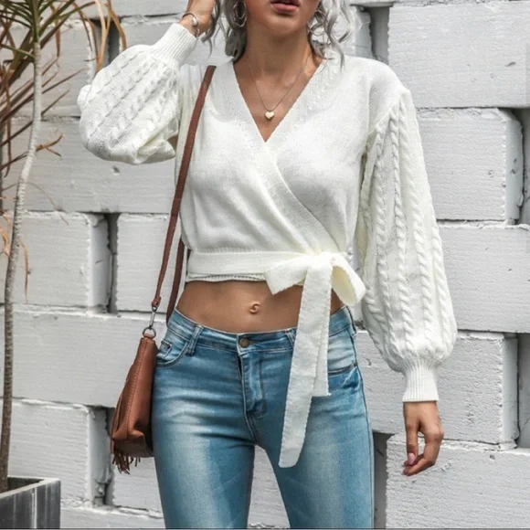 BNWT, Ivory Cropped Wrap Sweater - Picture 2 of 9